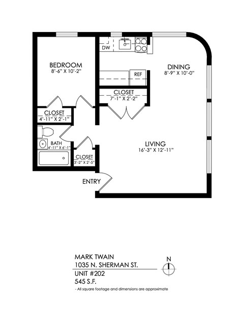Floor plan for 1 bed, 1 bath, 650 sqft